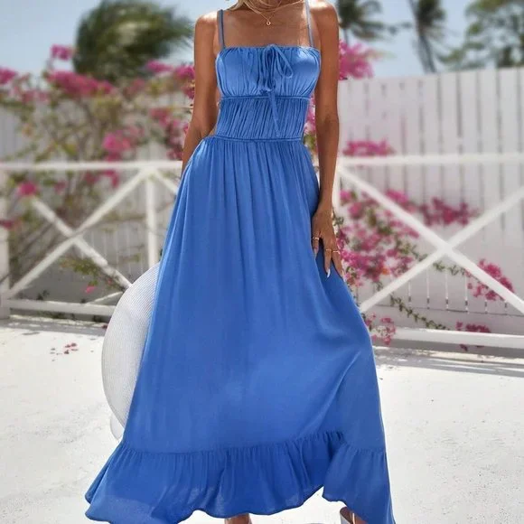 Blue Boho Womens Tie Front Ruffle Hem Cami Dress - Picture 4 of 5